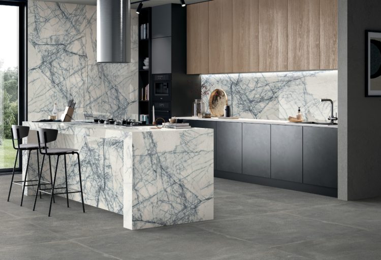 Ceramics of Italy Sensi Signoria Lilac Gray white with shooting blue lines on island, backsplash and wall in modern kitchen