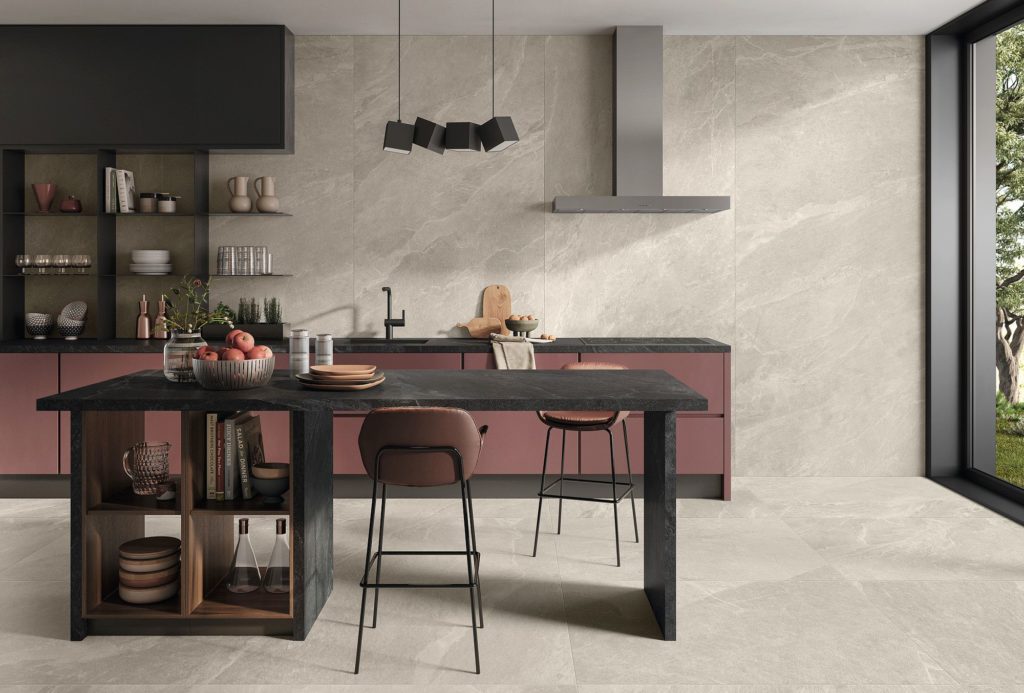 Ceramics of Italy Stone Trace Abyss kitchen island mocha color in spacious kitchen with reddish/maroon cabinets