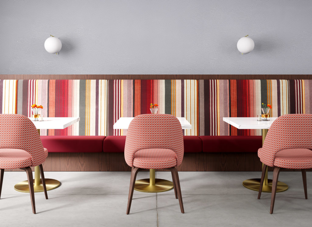 Stripe It on restaurant bench reds and other earth tones with chairs opposite