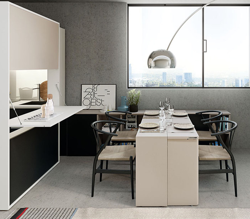 Giro transforming console/desk as table in gray in room with city view
