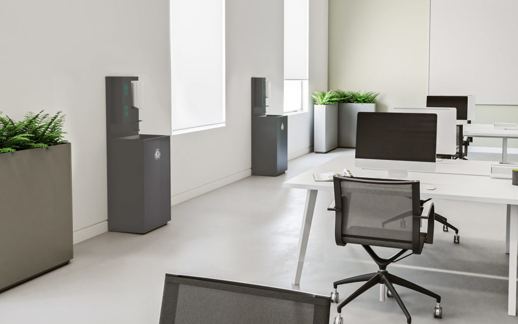 Solna Sanitization Station gray two in open workspace