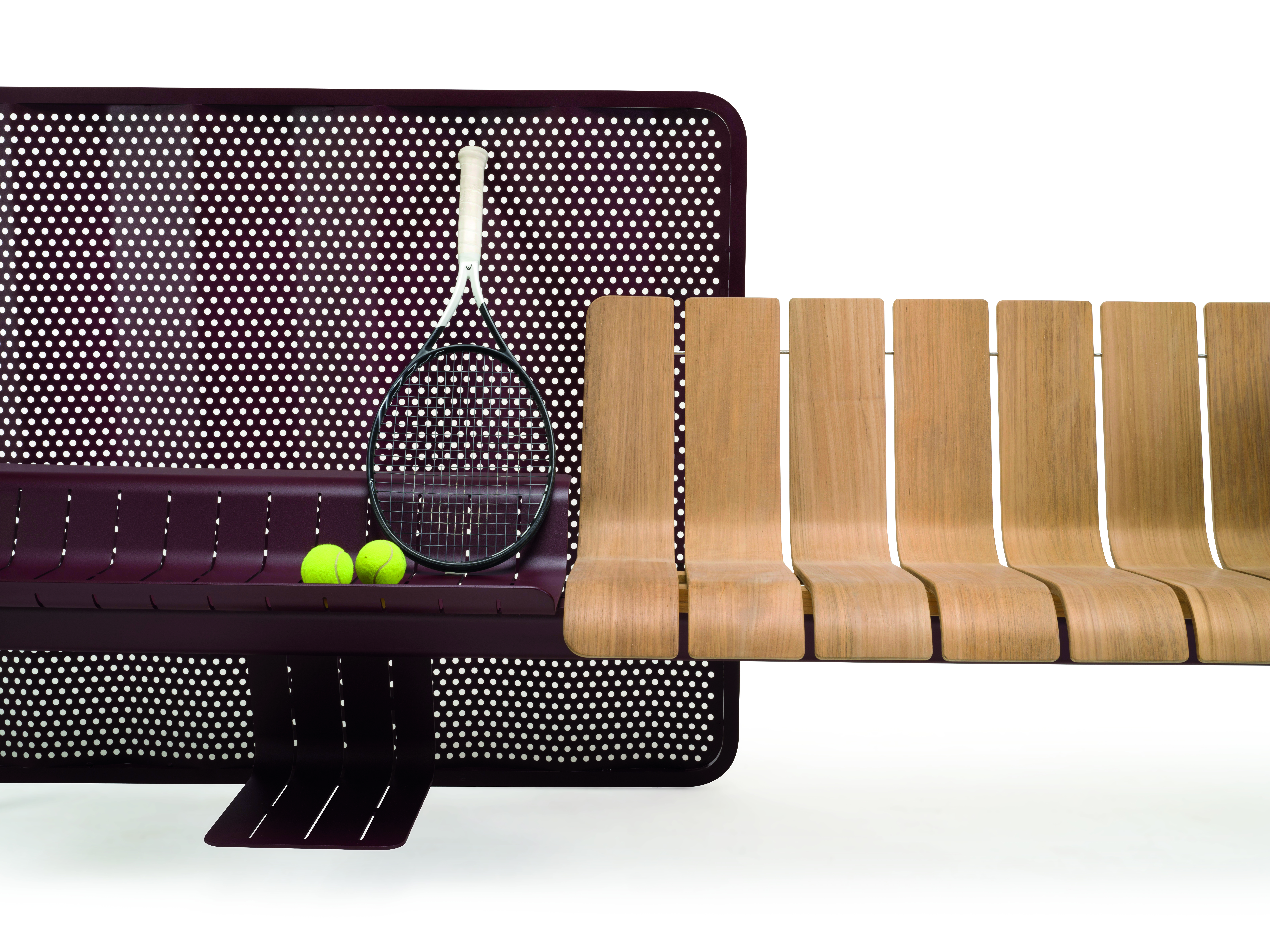 Ethimo Ace detailed view of lon bench with privacy panel and tennis racket/balls