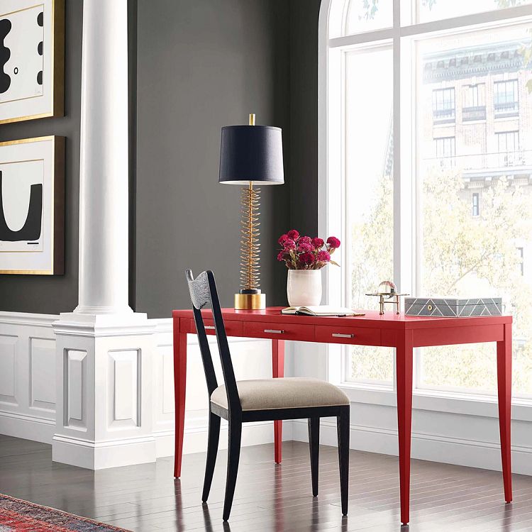 MODE Opus Iron Ore in room with red desk, white pillar and wainscotting, and black/white chair near window