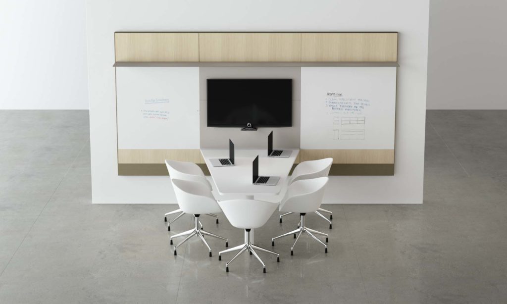 Innovant Palette  light wood with dry erase boards and tv monitor and attached table with white chairs