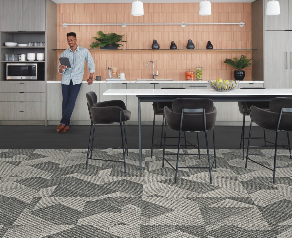 Rising Signs Carpet Tiles Proportional style of angular lines in white/gray in kitchen area of office with manleaning against countertop