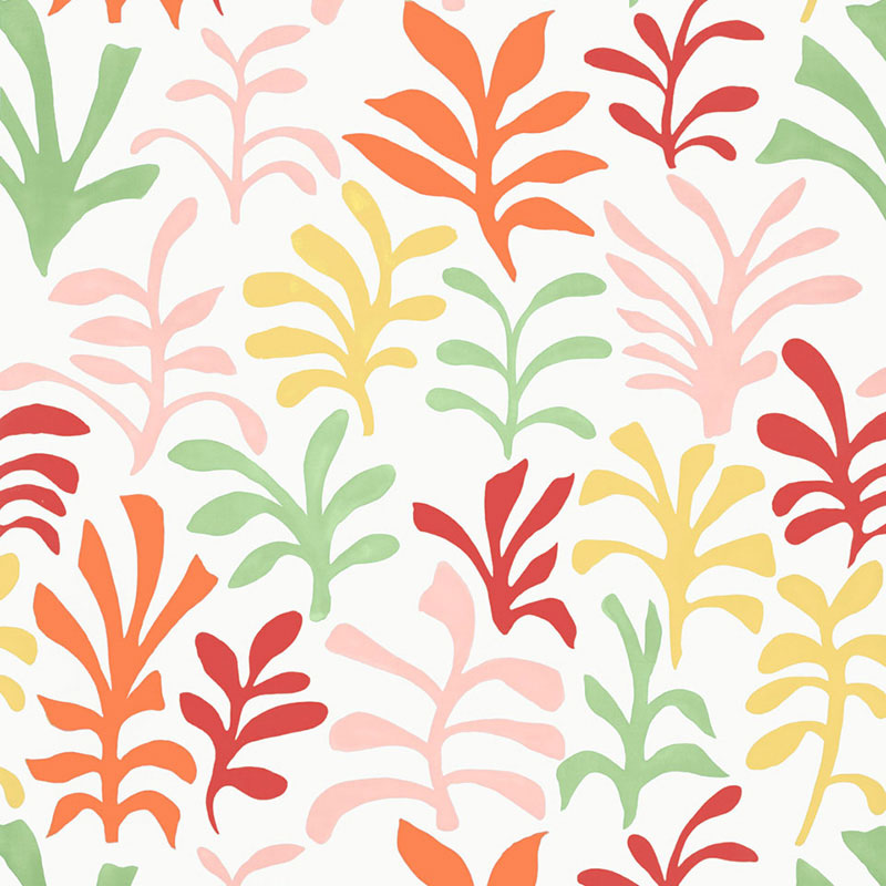 Schumacher Flight of Fancy wallpaper Matisse with colorful plants in a cartoony style