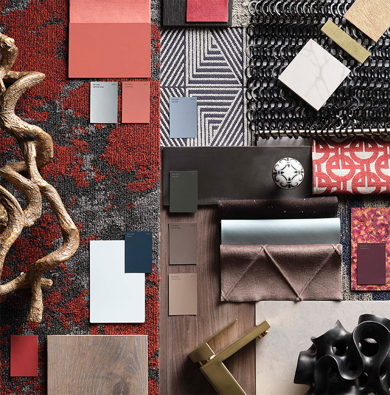 MODE opus mood board with carpet, dried twigs, fabric swatches, and paint samples in representative colors