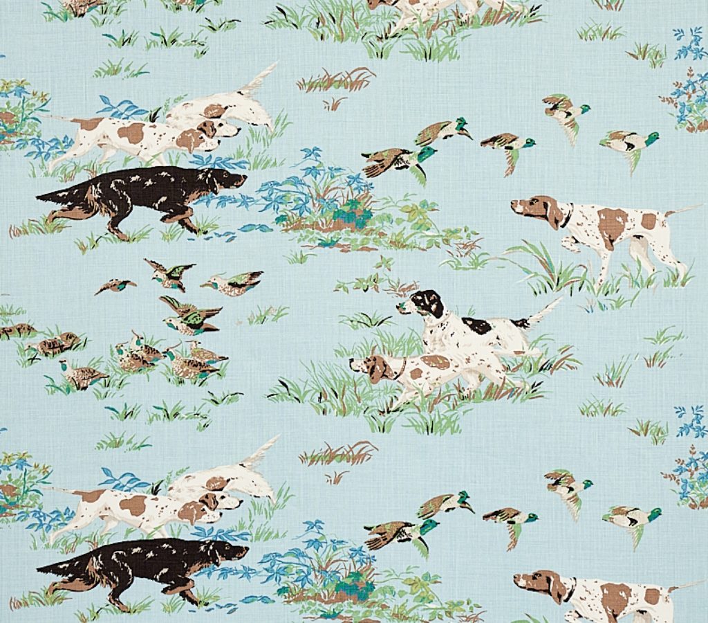Schumacher Flight of Fancy wallpaper pointer dogs sniffing and flying ducks in grass field