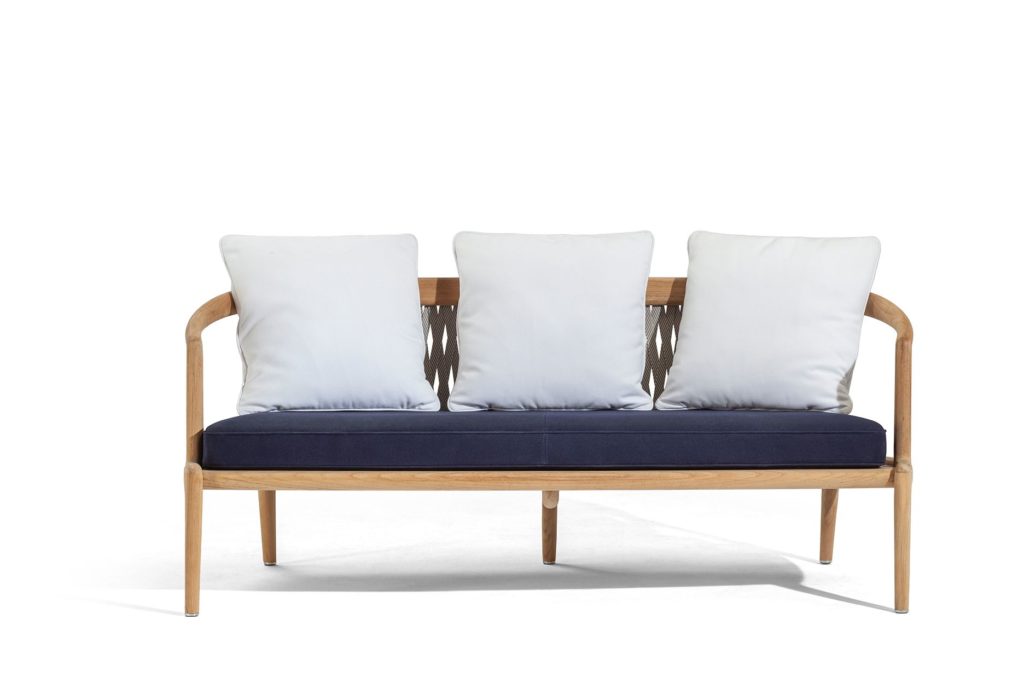 Boundless Living Secret Garden sofa teak frame blue seat and white pillows