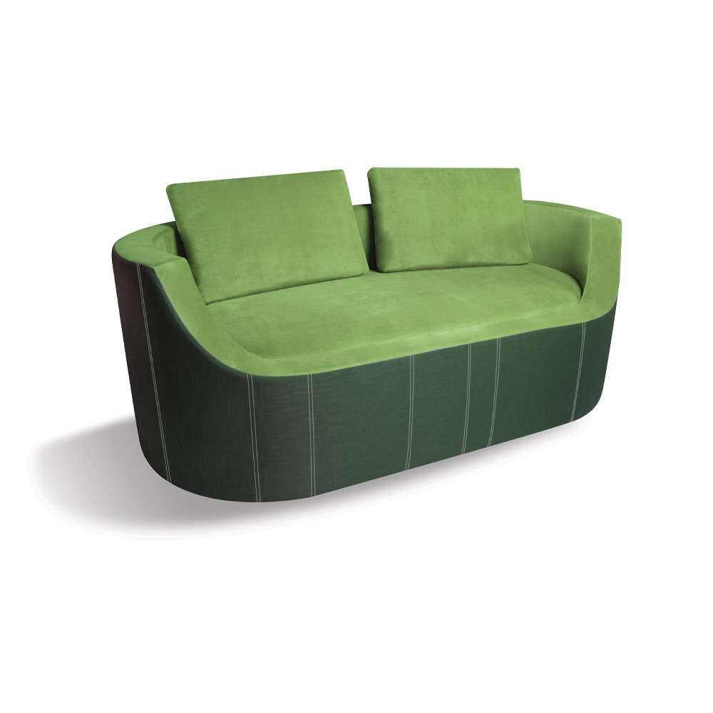 Talk Sofa green and dark green shaped like a bathtub with sculpted upholstered seat and pillows