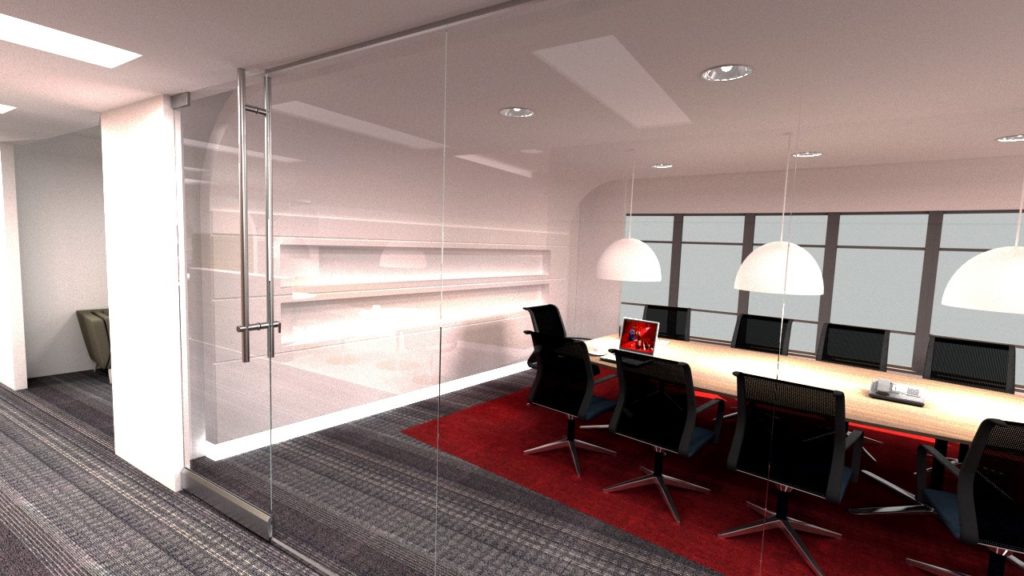 ADA-compliant top-locking ladder pull in glass wall system and conference table