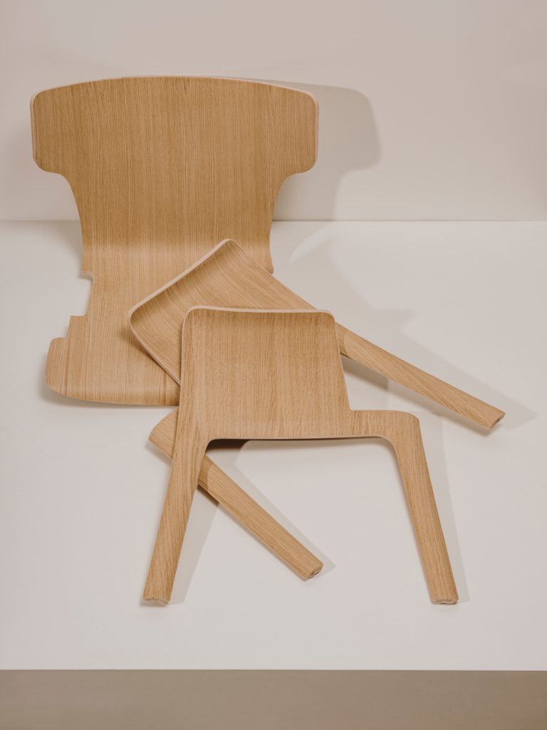 Adela Rex Oak single chair disassembled into three pieces