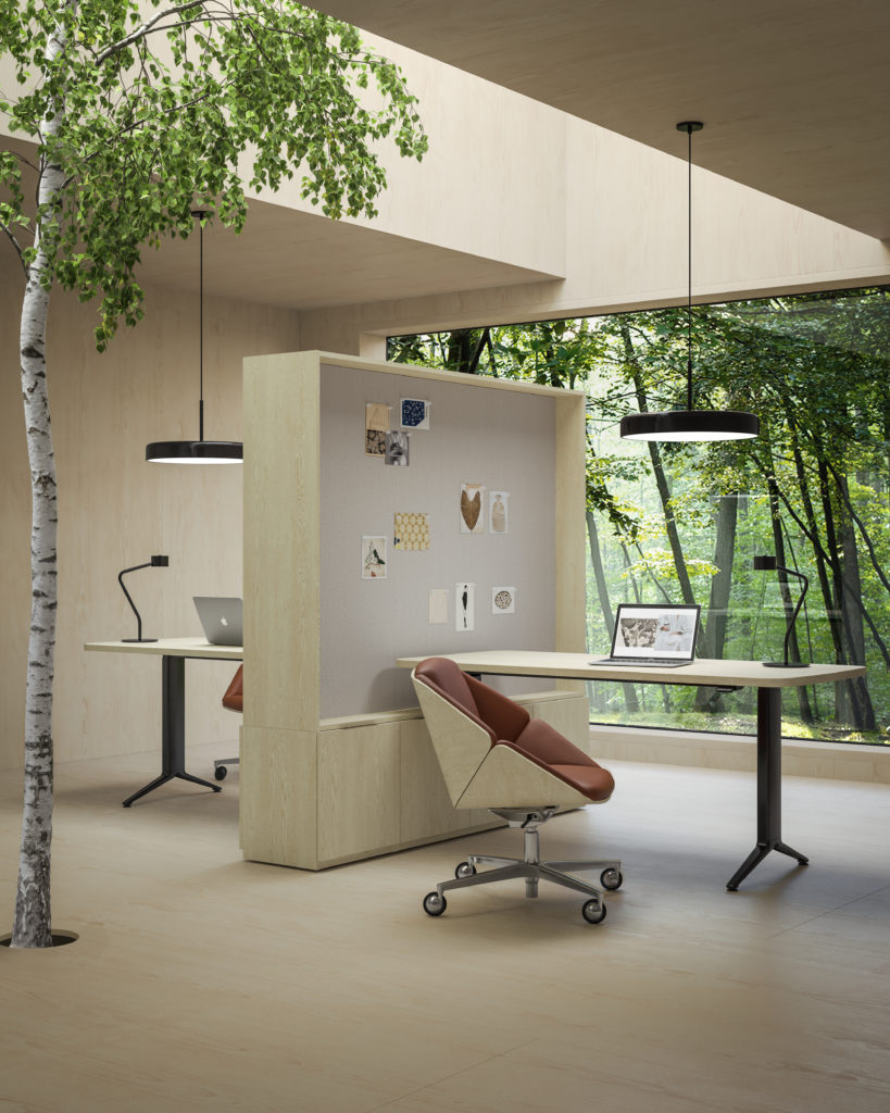 EverySpace cozy office space with matching workstations separated by rolling bookcase and view of a forest  through large window