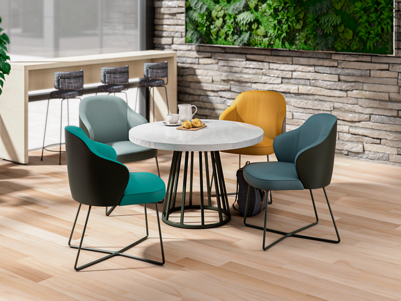 Techne Collection Origin textile four solid colors on dining chairs around breakfast table