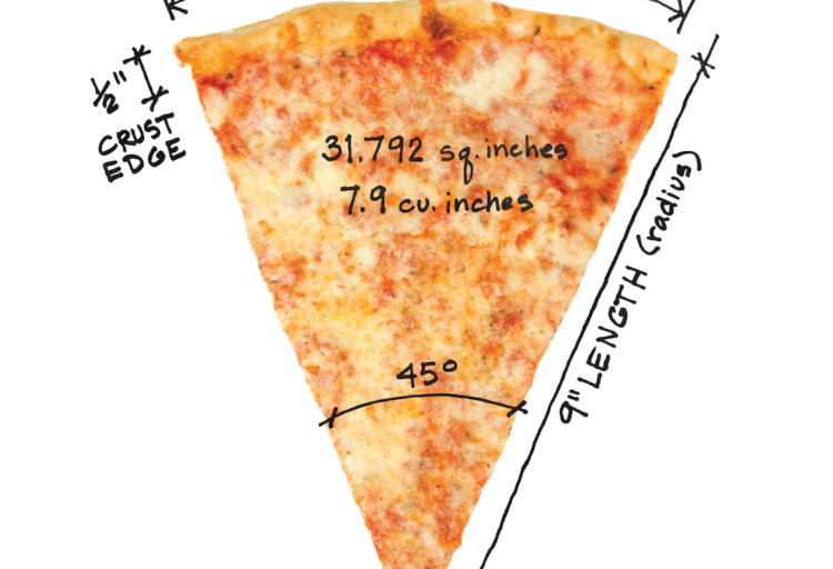 Ode to New York Pizza poster by Carol Bentel with a slice and geometry marks measuring the arc, radius, etc...
