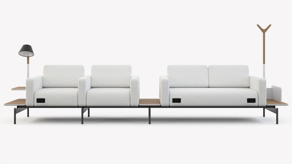 Embra loveseat and side-by-side chairs in light gray with side tables, lamp, and coat rack 
