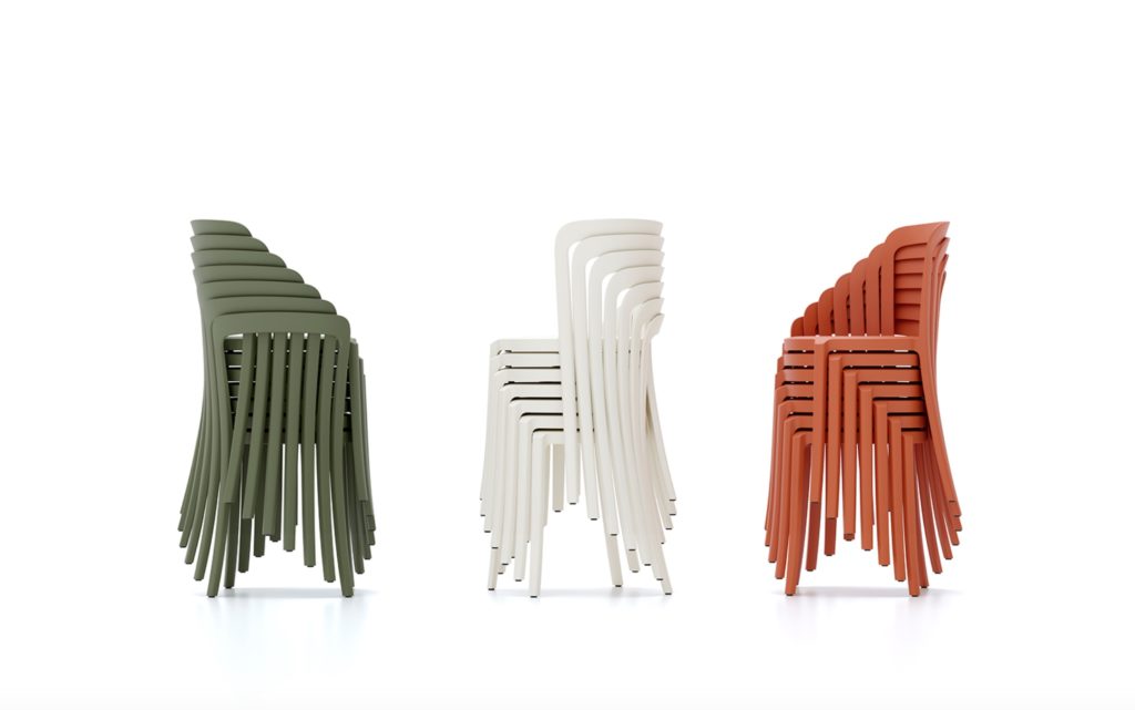 Emeco On & On chairs three colors many chairs stacked