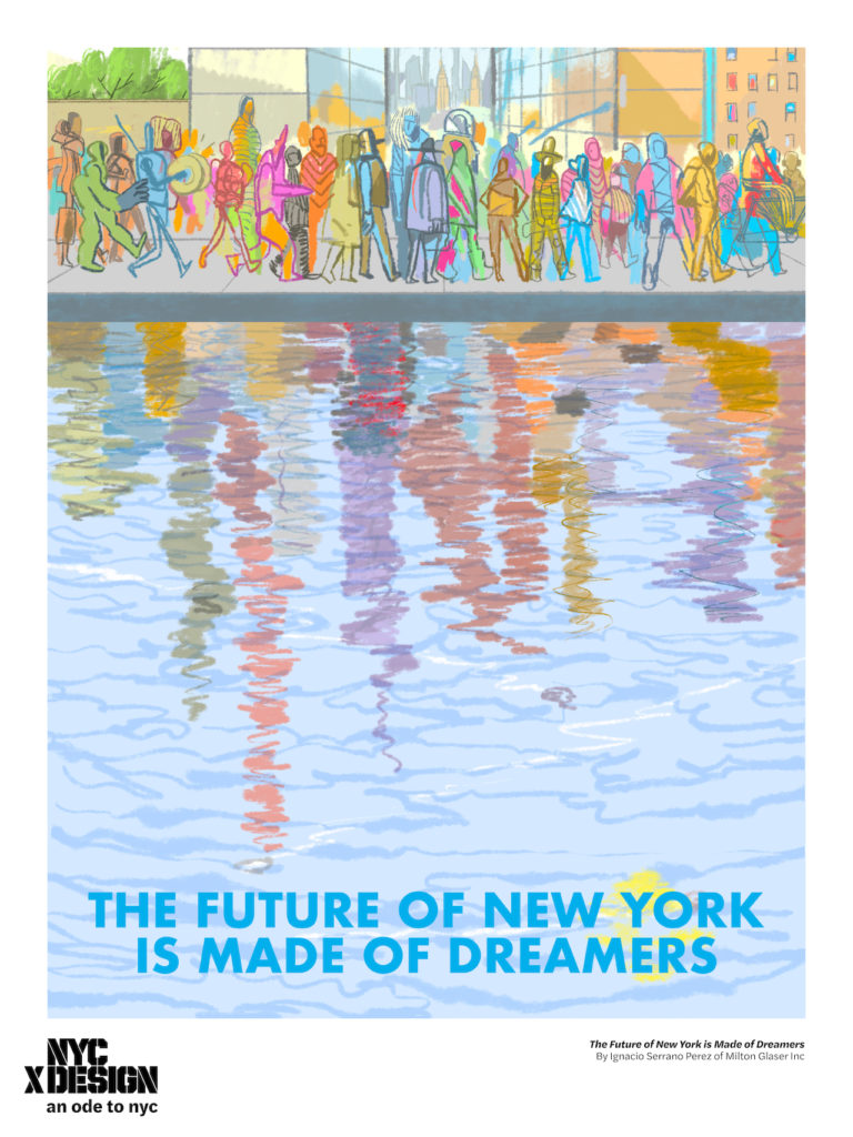 Ode to New York The Future of NY is made of Dreamers poster by Ignacio Serrano Perez colorful cartoon like NY crowd passing by a waterfront