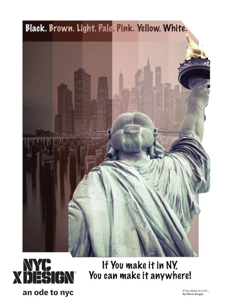 Ode to New York If You Make it in Ny poster by Marie Burgos view from behind the statue of liberty looking onto the city