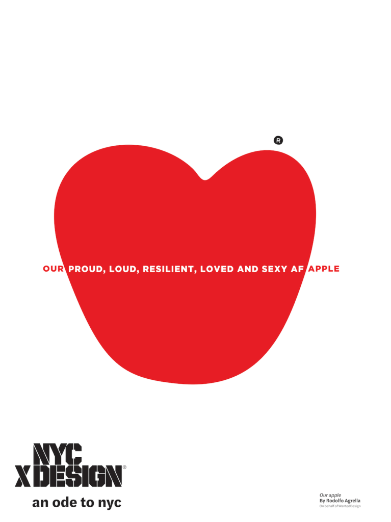 Ode to New York Our Apple poster by Rodolfo Agrella red apple with adjectives describing NYC