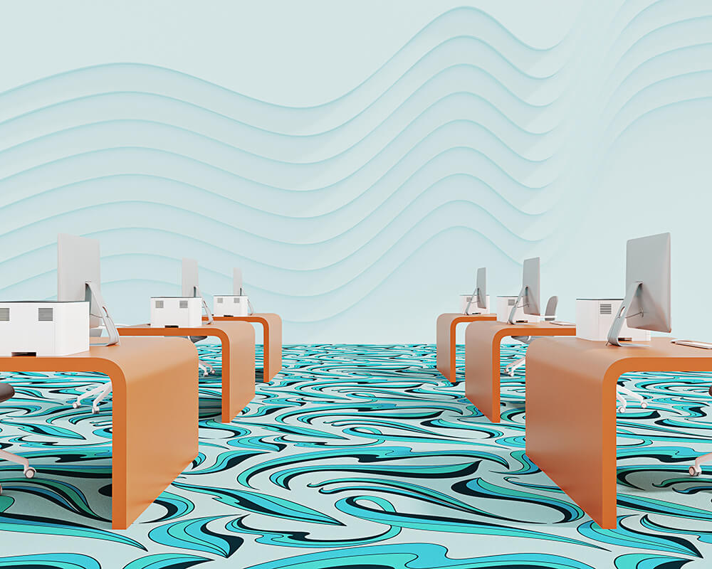 Ege by Talk Carpet swirling design in aqua and black