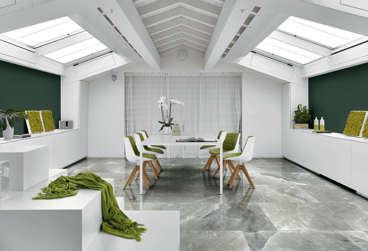 Rock Salt Collection white/gray tile on floor in white room with long table and several chairs
