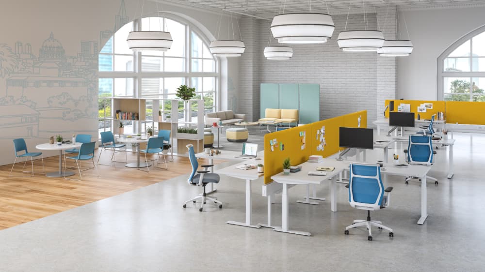 SitOnIt Sprout chair light blue in open workspace at café-style tables