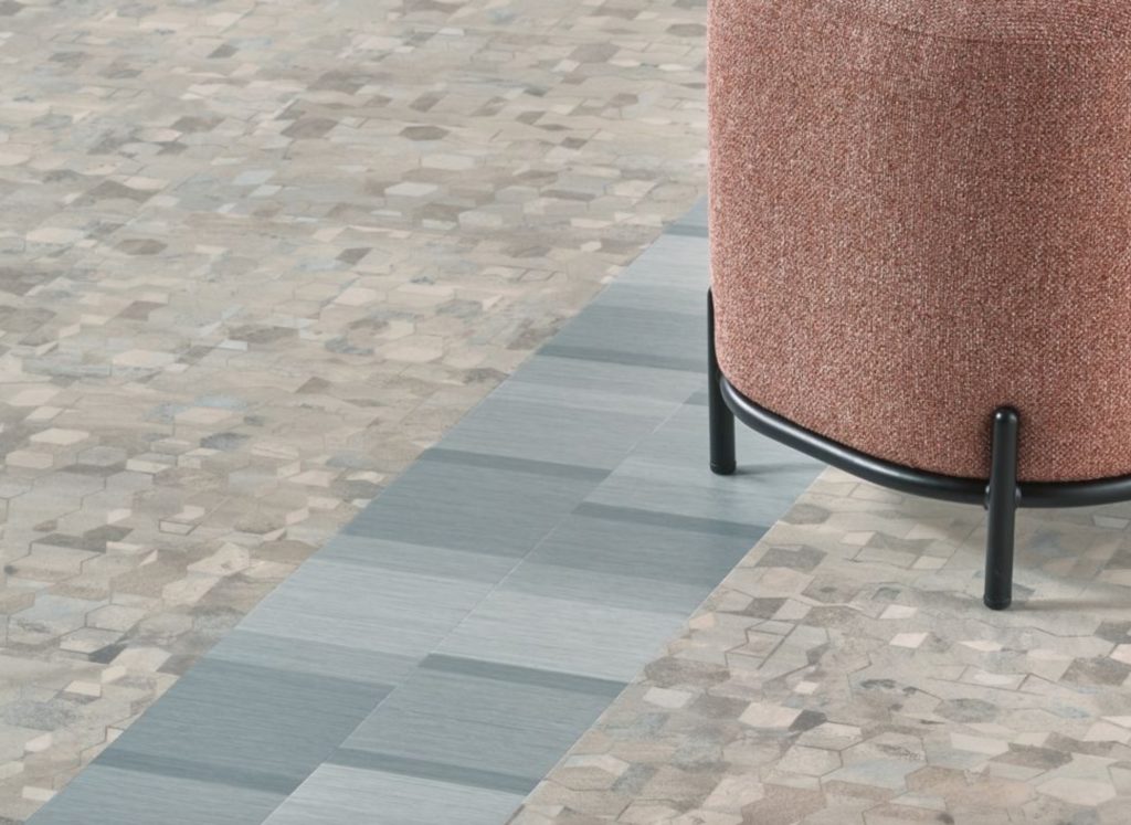 Carpet and LVT Armstrong Flooring Coalesce small squares and thick lines in grays, whites, blues