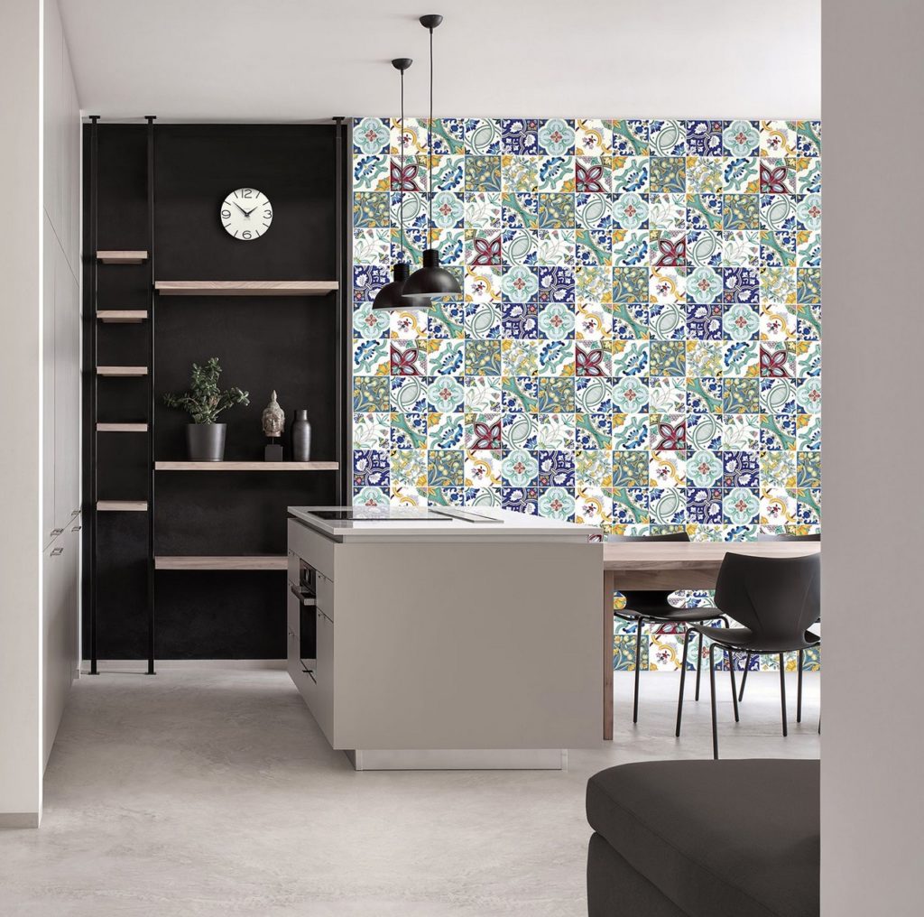Mèlange Ceramica tiles on wall in bright kitchen 
