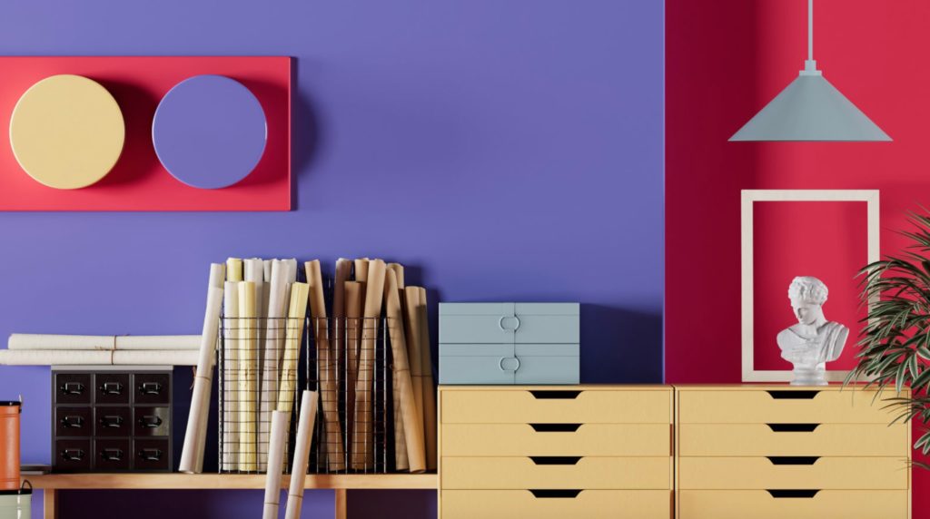 Pantone color of the year room with Very Peri walls and red accents and storage modules in wood