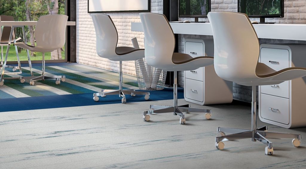Carpet and LVT Armstrong Flooring Natural Creations white with specks of blue lines in office