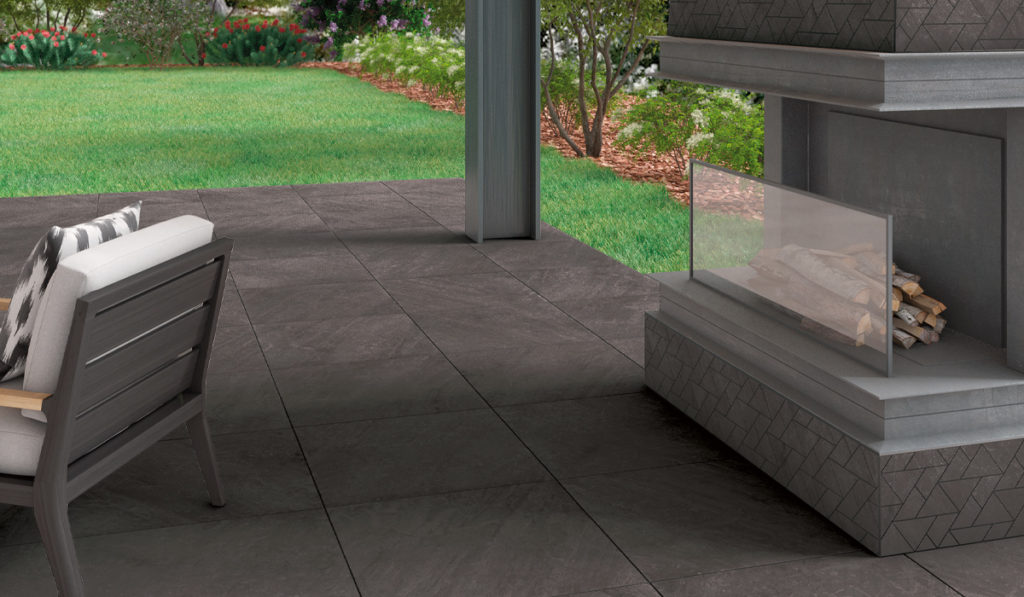 porcelain tile Portugal collection rendering of outdoor application in mid gray on patio