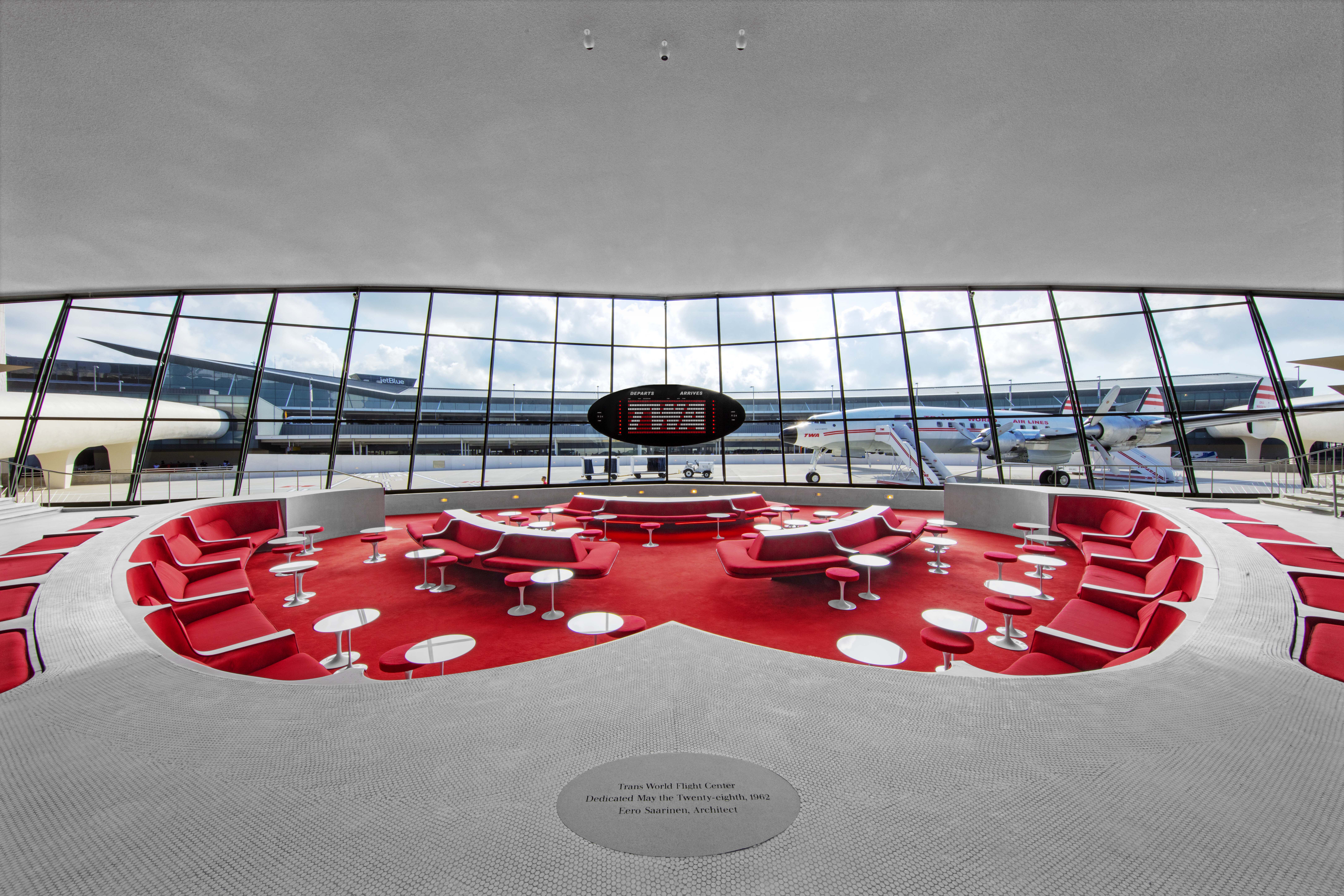 penny tiles panoramic image of the sunken lounge at the renovated TWA terminal/TWA hotel