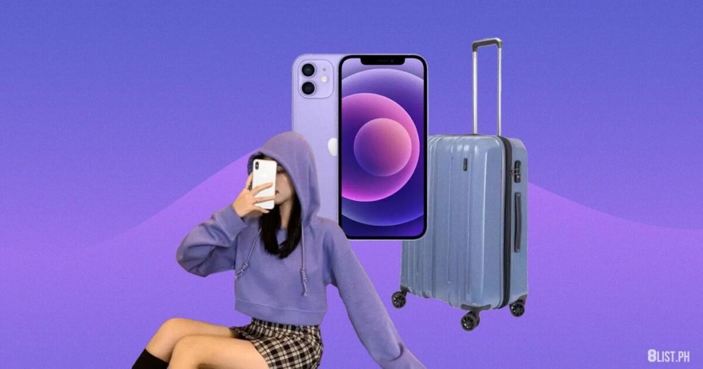 Pantone color of the year lifestyle image with iphone, girl in periwinkle sweatshirt, and luggage on a Very Peri background