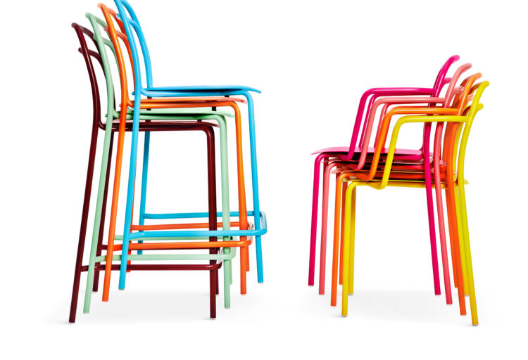 Division Twelve Catty chair different heights and colors stacked