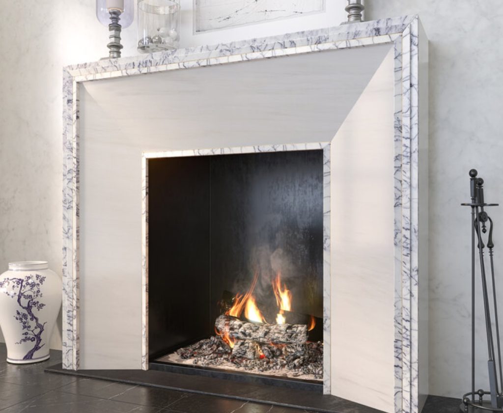 fireplace surround Flatiron molding white with dark random swirls