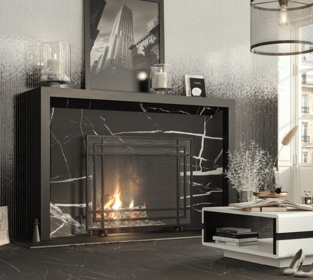 fireplace surround Nero Marquina black with dramatic streaks of white