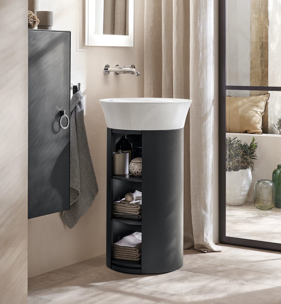 White Tulip pedestal vanity in charcoal with white washbasin