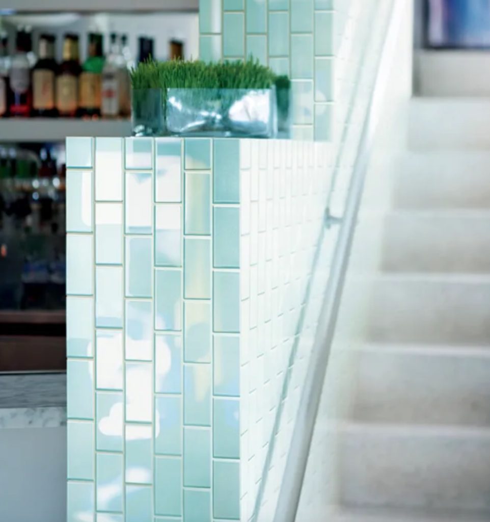 Glass Blox vertical rectangles in light blue near staircase