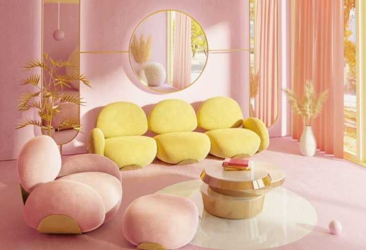 Karlotta yellow sofa and pink chair with ottoman in pink room