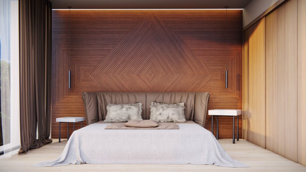 OctoTerra Linea bedroom display with square and diamond patterns in rift walnut