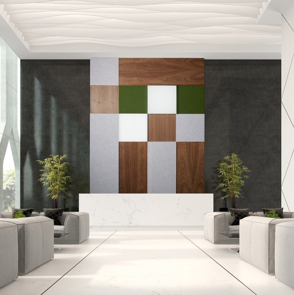 Cambio wall panel wood and color block mix 
