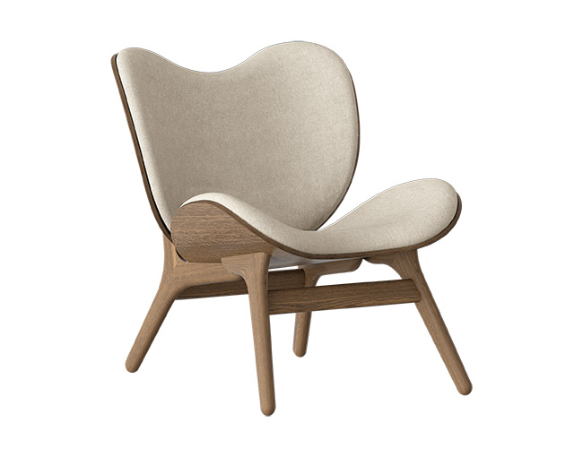 Umage conversation piece in dark oak with white sands upholstery