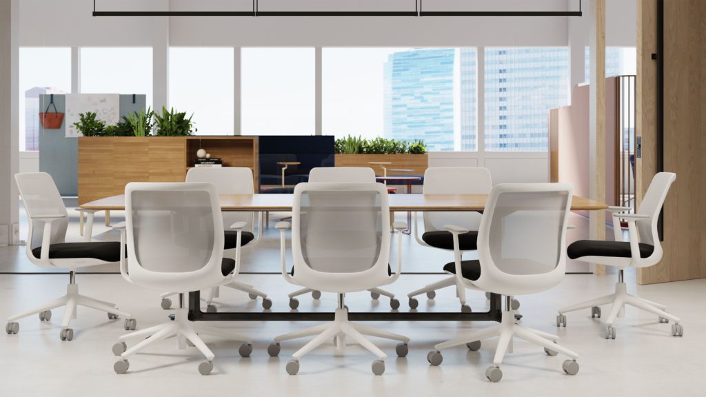 Stylex white chairs around conference table