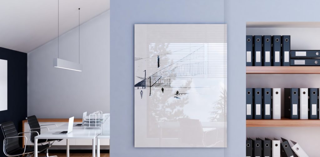 Glass Board in conference room with architectural drawing