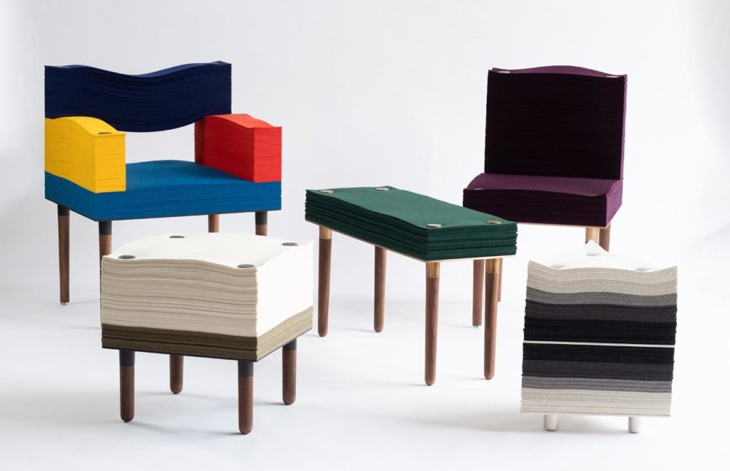 Stacklab collection chair, armchair, table, and stools
