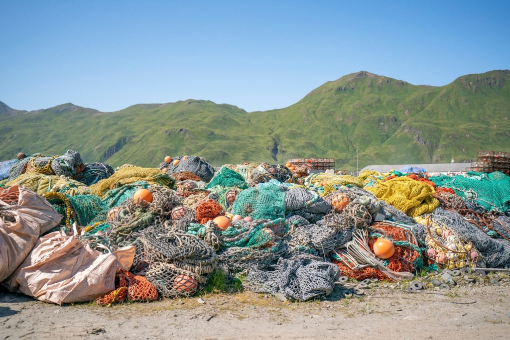 Pile of fishing nets on Alaskan coast