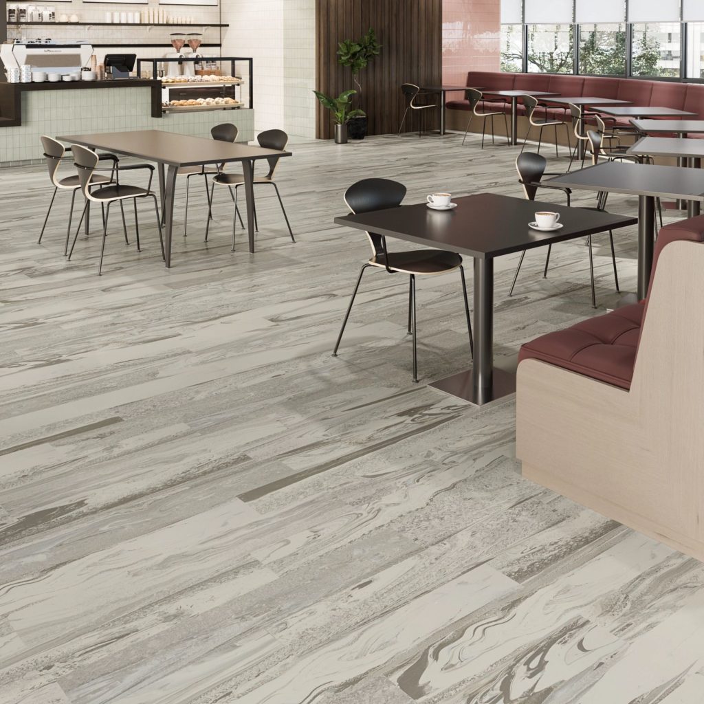 Gray rubber tile flooring with the look of real wood in corporate dining room