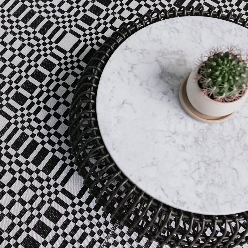 Patch rug black and white detail with marble-top table and cactus