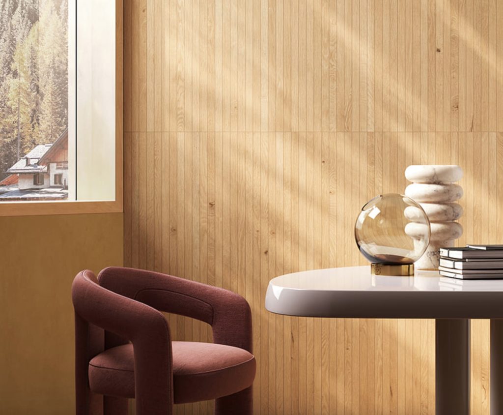 Nabi Collection thin wood paneling in sitting room honey color